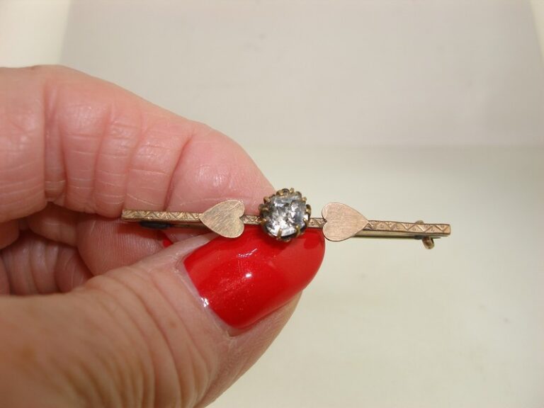 Antique Victorian rose gold filled heart pin with cushion cut brilliant