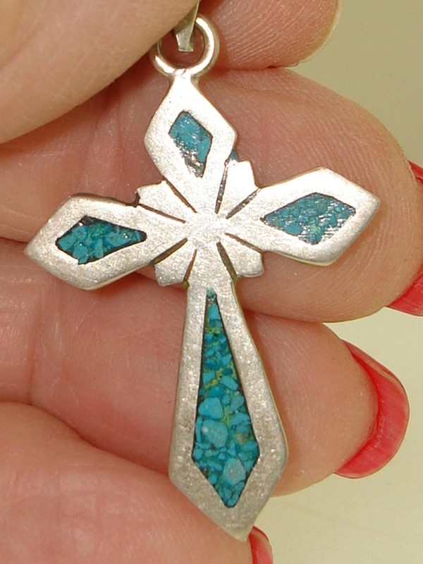 Vintage Mexican sterling silver turquoise cross necklace, 1960s, with eagle mark