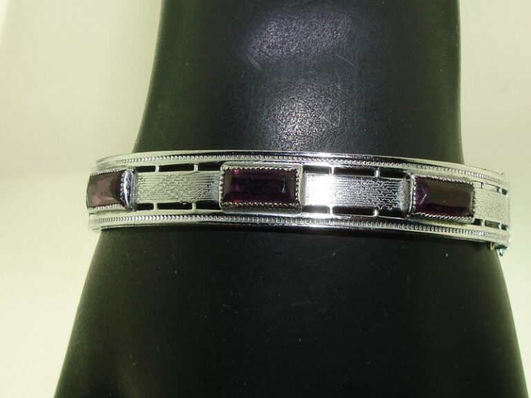 Art Deco Silver Filigree Bangle Bracelet with Faux Amethyst Stones