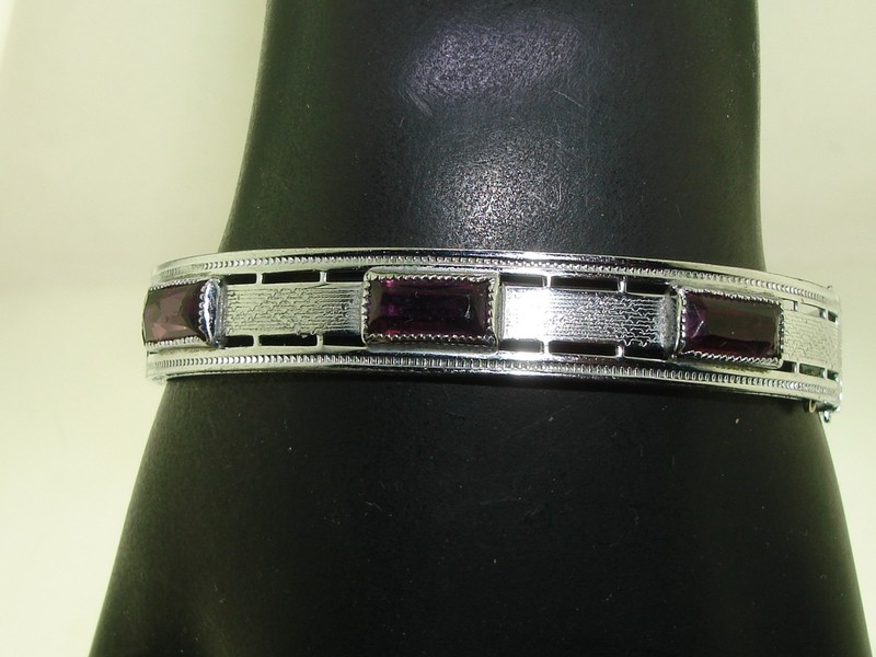 Art Deco Silver Filigree Bangle Bracelet with Faux Amethyst Stones
