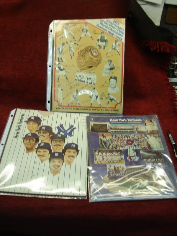 Three vintage New York Yankees scorebooks from 1978, 1980, and 1981 featuring Twins and Rangers matchups.