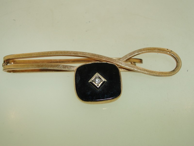 Vintage gold-filled tie clasp with onyx and rhinestones, 1940s-50s
