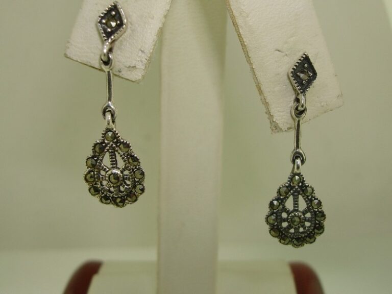 Sterling Silver Marcasite Dangle Earrings Signed MC