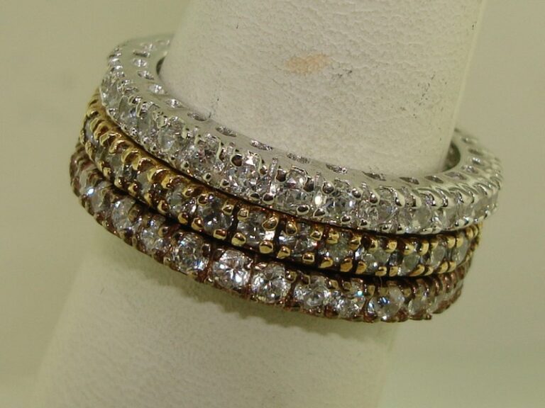 Trio of Tri-Color Sterling Silver Eternity Band Rings with Cubic Zirconia