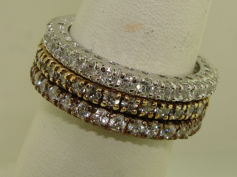 Trio of Tri-Color Sterling Silver Eternity Band Rings with Cubic Zirconia