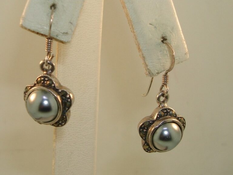 Vintage signed CW sterling silver marcasite and faux pearl dangle earrings