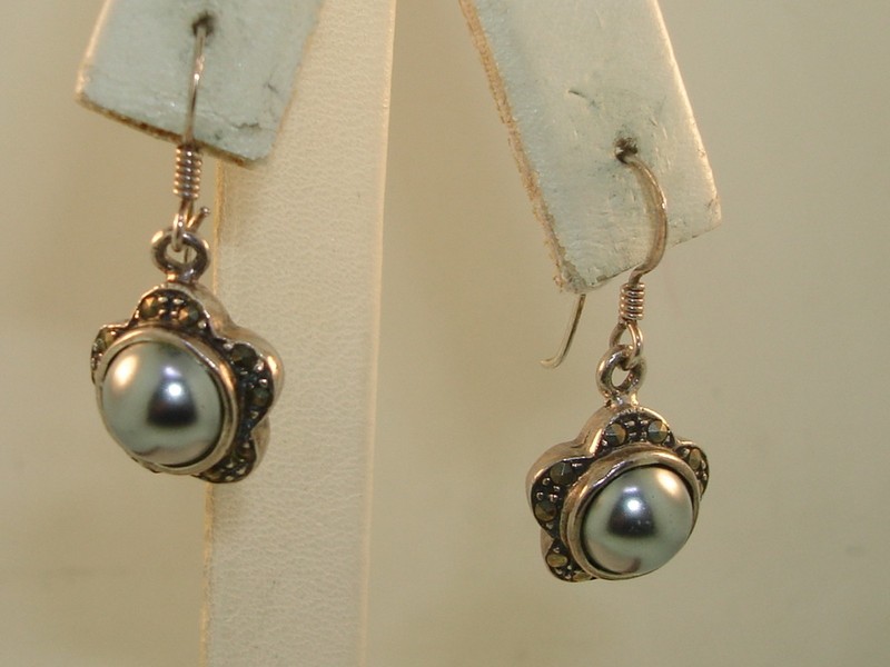 Vintage signed CW sterling silver marcasite and faux pearl dangle earrings