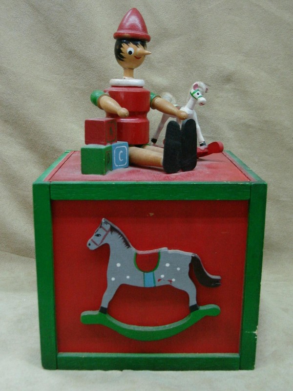 Vintage 1960s-70s Italian wooden Pinocchio jack-in-the-box