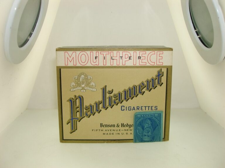 Vintage 1950s Benson & Hedges Parliament cigarettes box with original blue tax seal