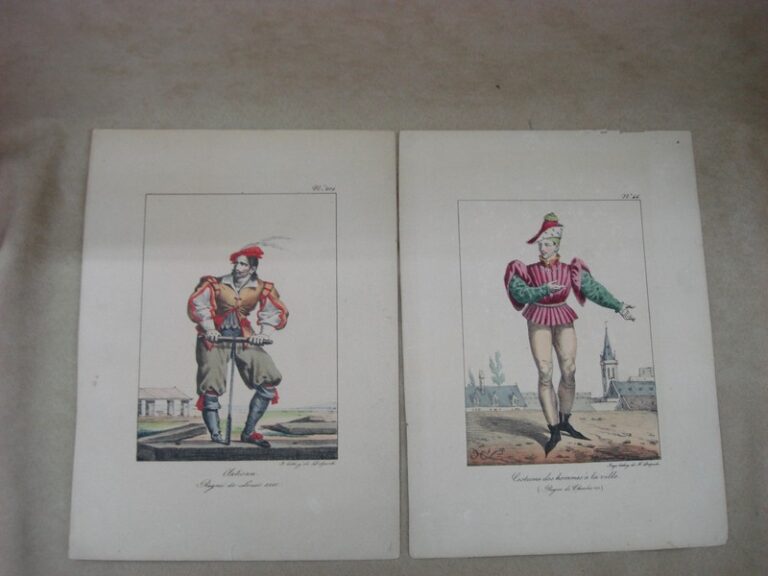 Pair of antique hand-colored lithographs by F. Delpeck depicting Charles VII and Louis XIII