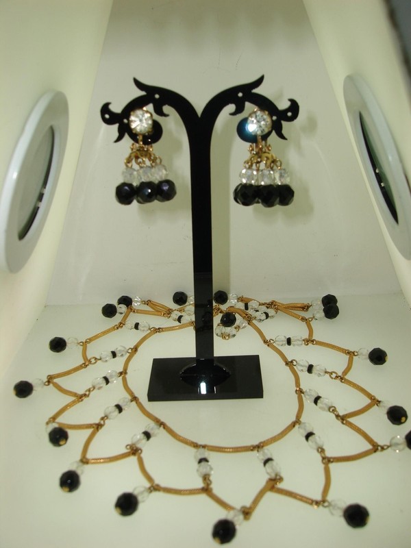 Vintage black and clear crystal beaded choker necklace and earring set in gold-tone