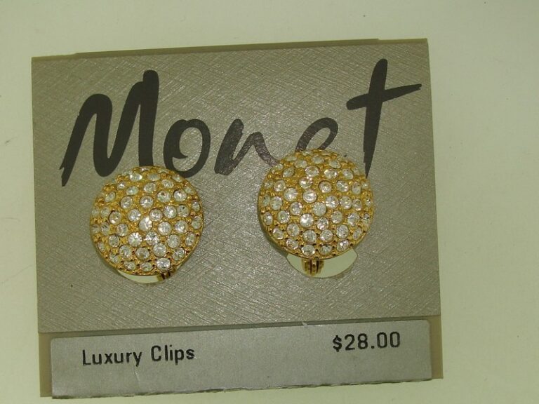 Vintage 1980s Monet rhinestone clip earrings, new old stock, gold tone with clear stones