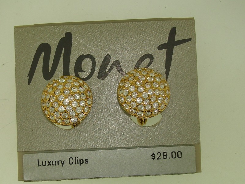 Vintage 1980s Monet rhinestone clip earrings, new old stock, gold tone with clear stones