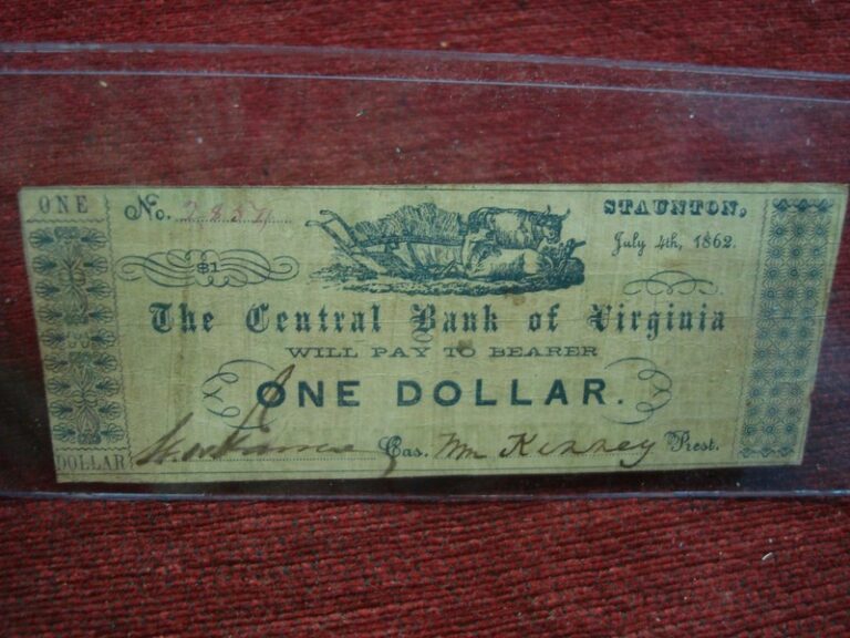 1862 Central Bank of Virginia $1 note printed on recycled $5 bill