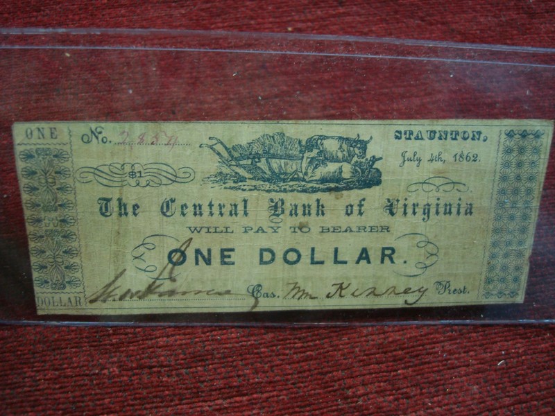 1862 Central Bank of Virginia $1 note printed on recycled $5 bill