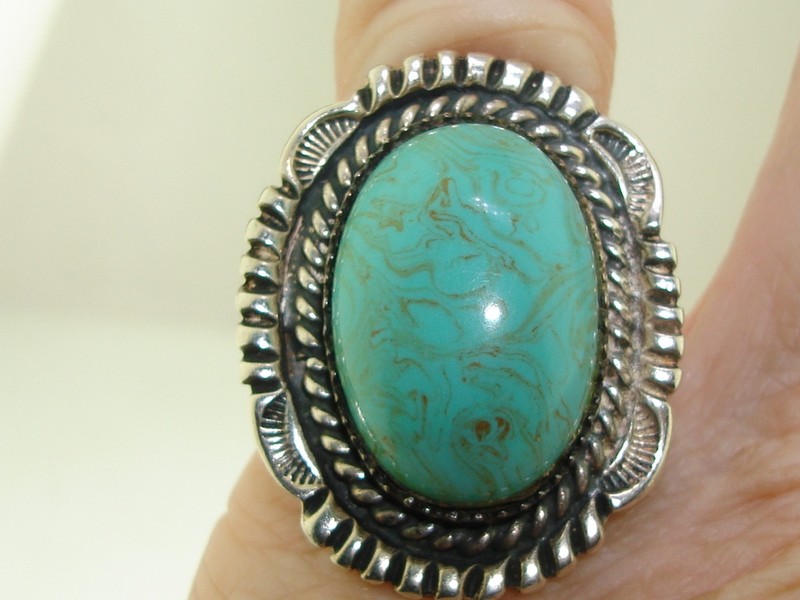 Vintage southwestern style sterling silver ring with faux turquoise stone, size 5.5