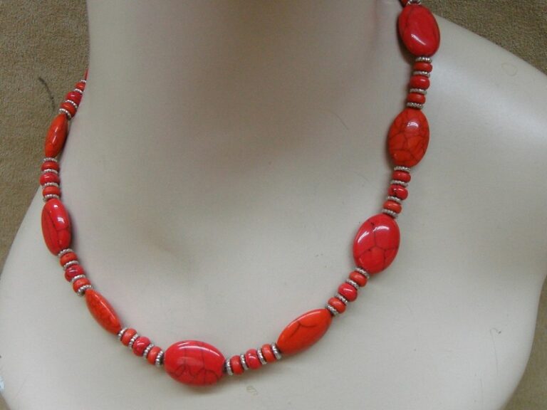 Red jasper and silver statement necklace with polished oval links.
