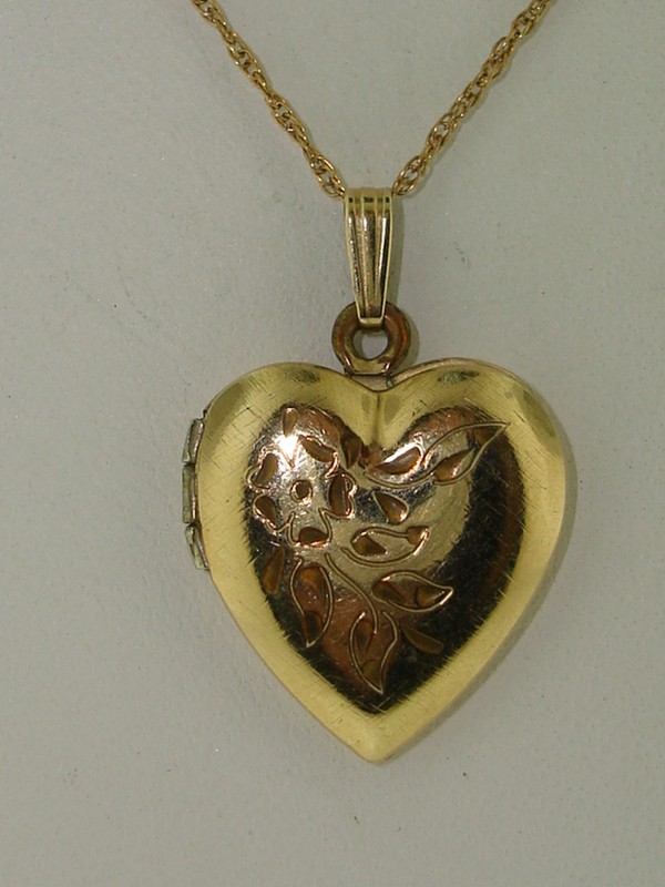 Vintage gold filled etched heart locket necklace with 'LOVE BILL' engraving