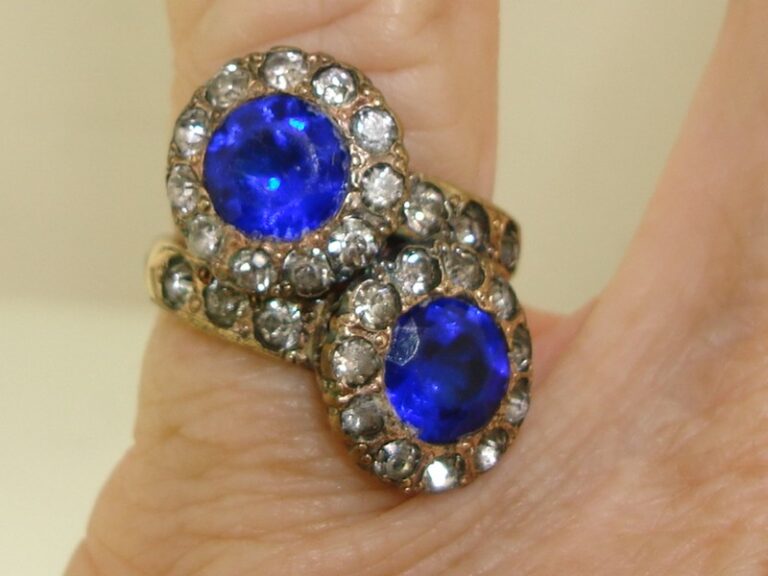 Art Nouveau style ring with rose gold filled band and blue sapphire look glass stones