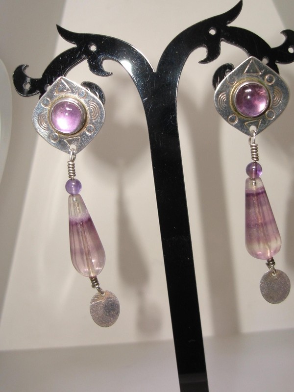 Vintage artist-signed Barbara Sucherman sterling silver amethyst earrings, 1980s