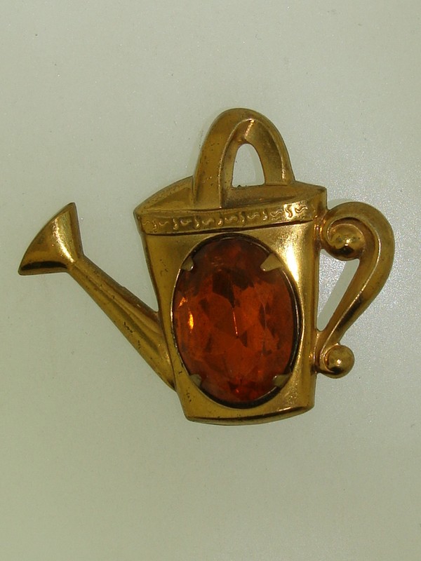 Vintage 1940s gold-washed watering can rhinestone pin brooch