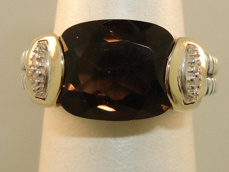 Sterling Silver and 14K Gold Smoky Quartz and Diamond Accent Ring (Size 6)
