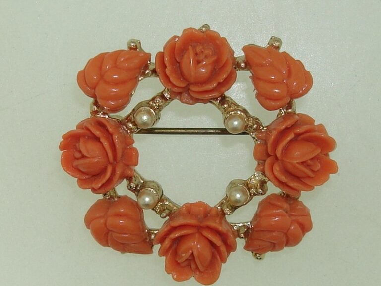 Vintage 1950s Orange Lucite Rose & Pearl Pin