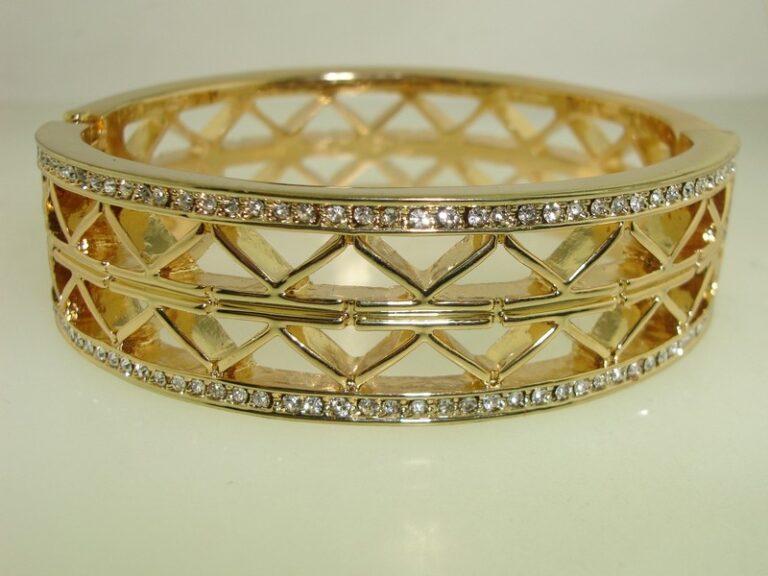 Gold-tone filigree rhinestone hinged bangle bracelet