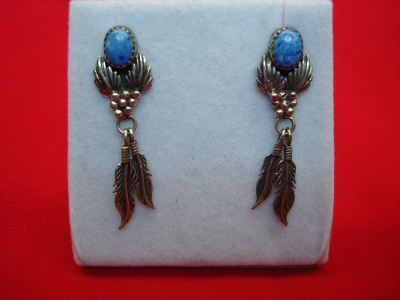 Sterling silver earrings with lapis lazuli stones, leaf and feather design