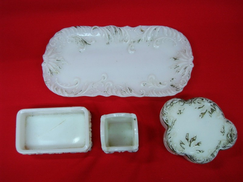 Antique Victorian milk glass dresser set, 4-piece collection with gold trim