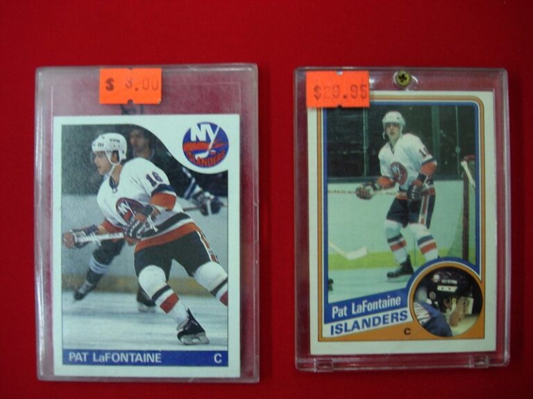 Vintage Pat LaFontaine hockey cards from 1984-85 OPC and 1985-86 Topps, in Near Mint/Mint condition.