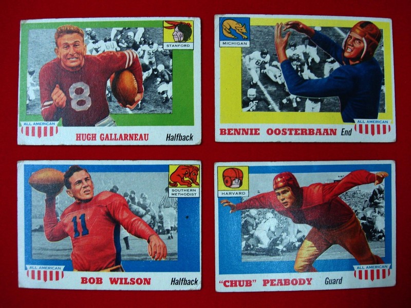 Vintage 1955 Topps Football All-American cards featuring Bob Wilson, Chub Peabody, Hugh Gallarneau, and Bennie Oosterbaan.
