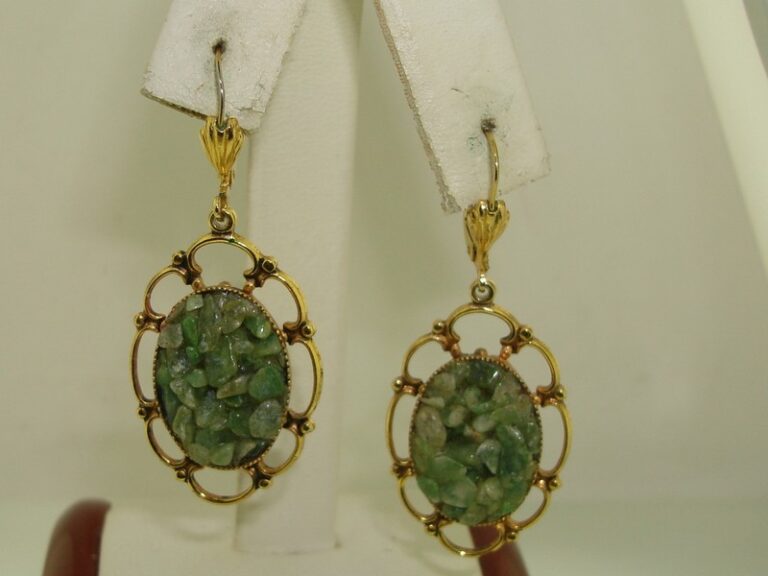 Vintage 1970s gold-tone filigree dangle earrings with jade accents.