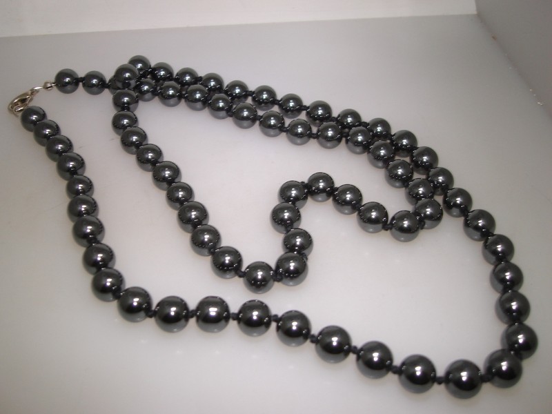 Vintage Hematite Bead Necklace, hand-strung and knotted, 28 inches