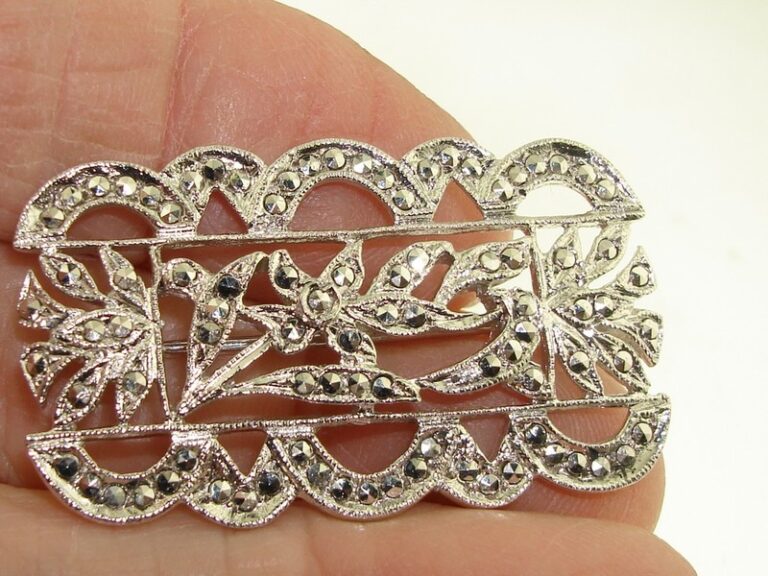 Antique sterling silver filigree marcasite brooch pin with floral design