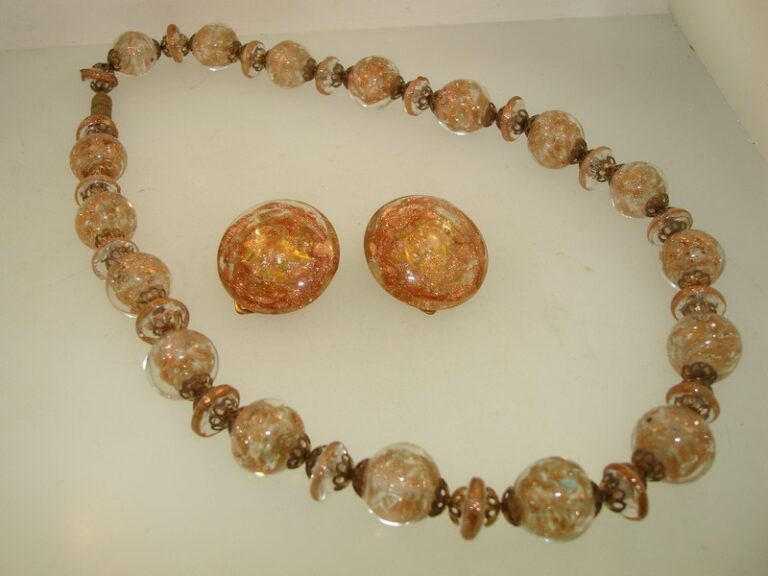 Vintage 1940s Italian goldstone aventurine glass necklace and earrings set