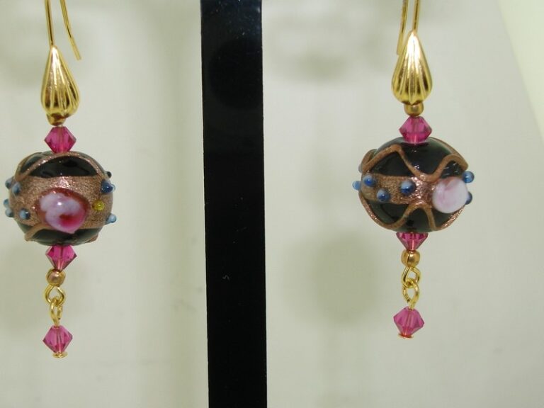 Venetian Murano wedding cake bead dangle earrings with goldstone/aventurine and purple bicone beads