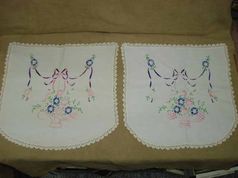 Pair of vintage linen armrest covers with handwork crewel embroidery and crocheted edges