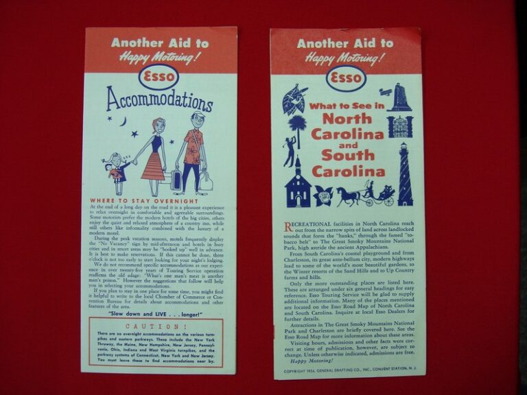 Two vintage ESSO travel pamphlets from 1954 and 1956 featuring 'What to See in the Carolinas' and 'Accommodations'