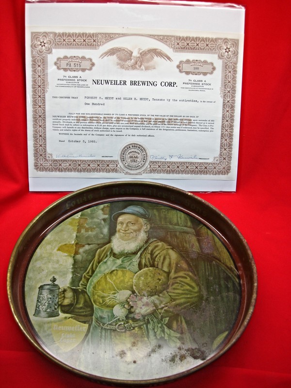 Vintage Neuweiler Brewing Corp. stock certificate and tray from Allentown, PA