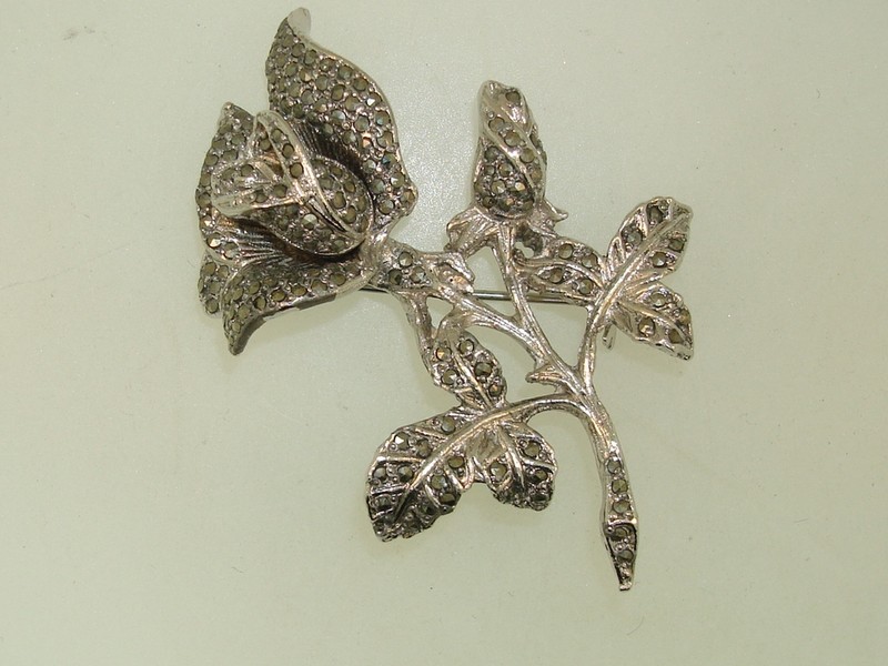 Vintage silver and marcasite rose pin brooch