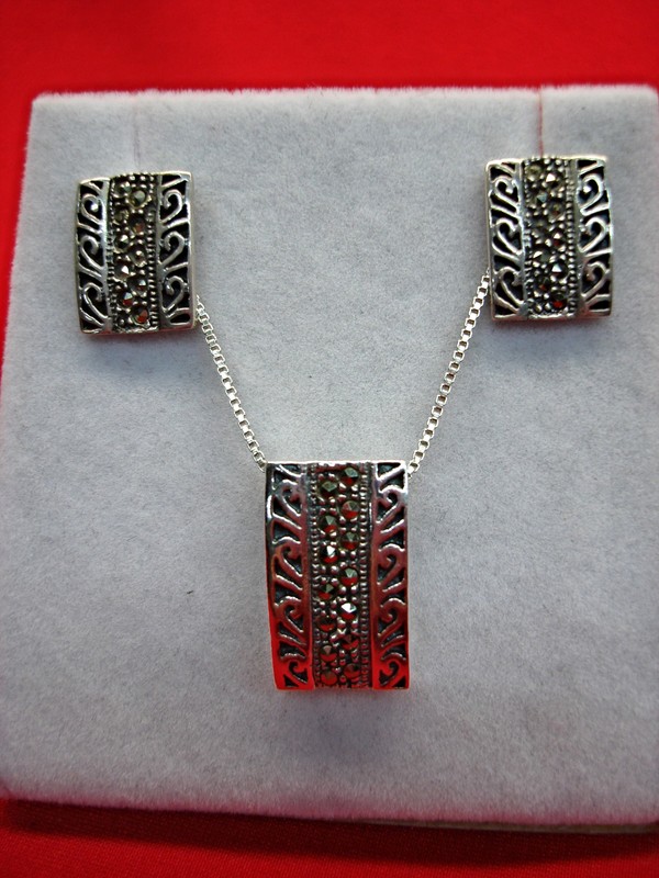 Sterling silver marcasite earrings and pendant necklace