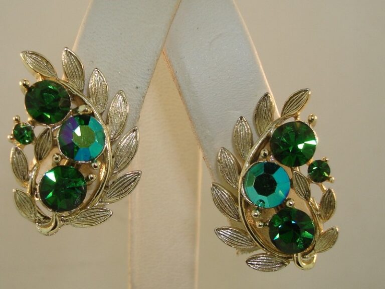 Vintage Lisner clip-on rhinestone earrings in green, gold, and blue