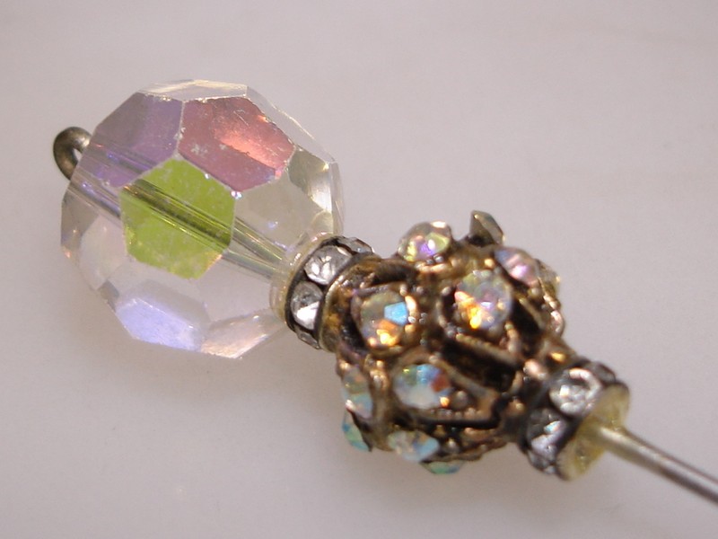 Art Deco stick pin with Aurora Borealis crystal and rhinestones, 1930s-1940s