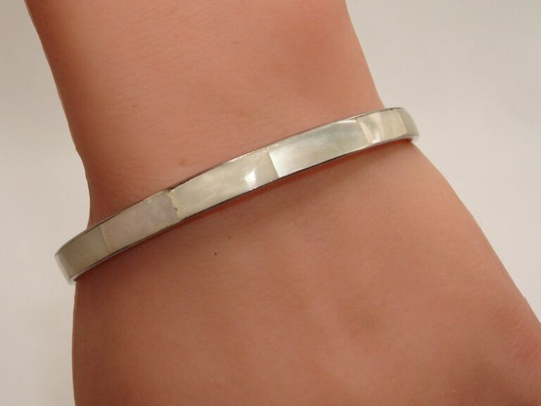 Vintage silver bangle bracelet with mother-of-pearl inlay