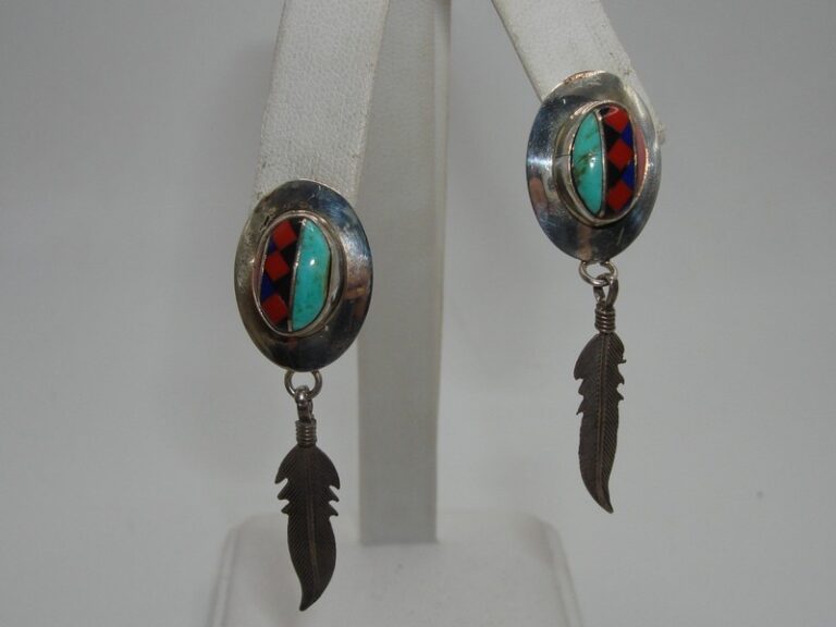 Vintage Native American sterling silver dangle earrings with feathers and gemstones