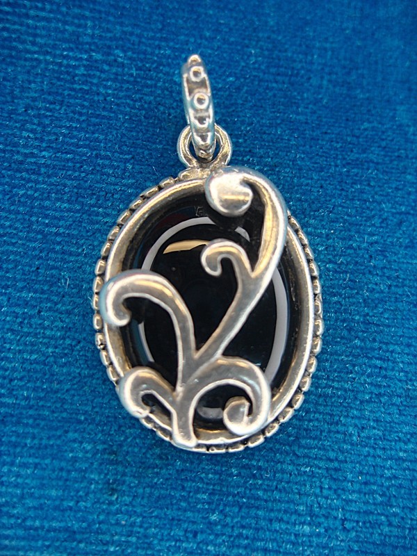 Vintage Art Nouveau Onyx Sterling Silver Pendant, Mexico