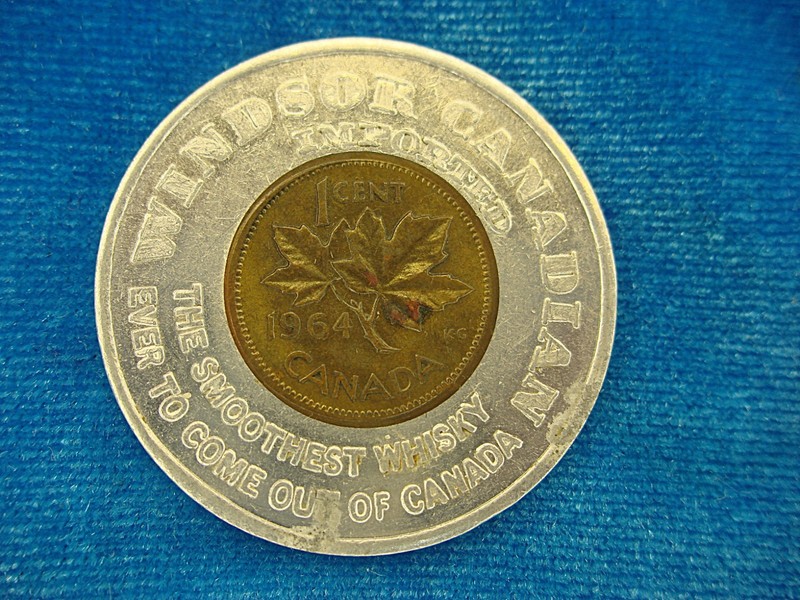 Vintage 1964 Canadian Cent Encased in Windsor Canadian Whisky Commemorative Token