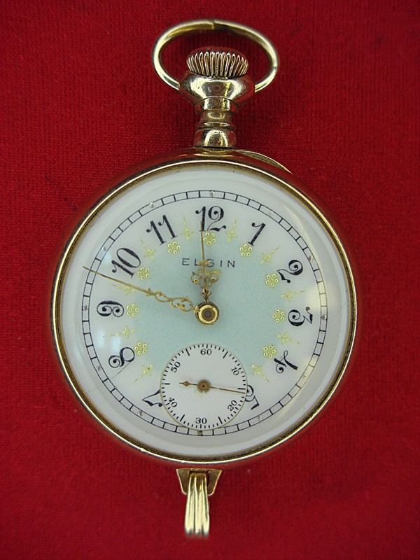 Vintage Elgin ladies' pocket watch, 1908, Grade 324, fancy dial, monogrammed case, running