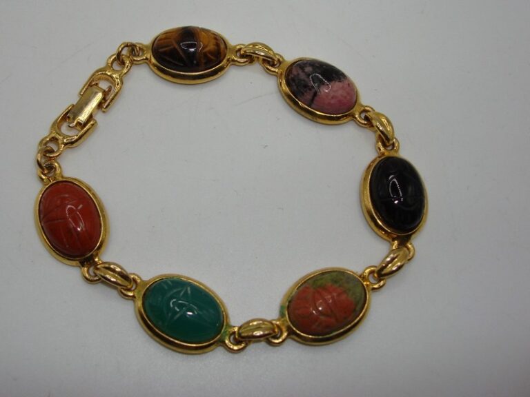 Vintage carved scarab bracelet with carnelian, tiger's eye, and more